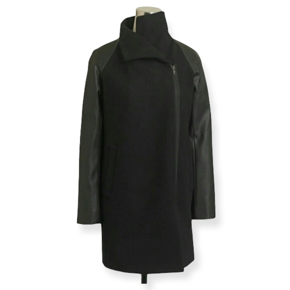 J Crew Faux Leather Sleeve Envelope Coat Black 6